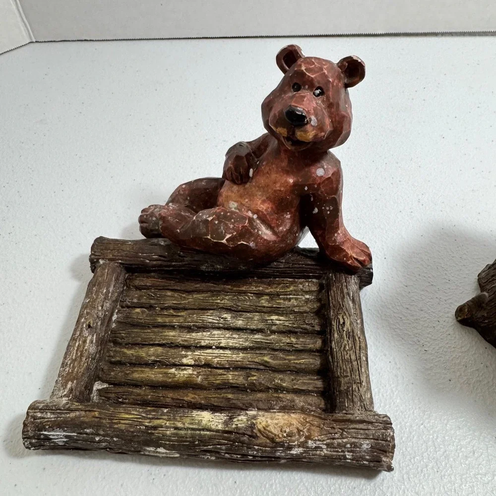 VTG Rustic wooden Bear Bathroom ART Toothbrush Soap holders Bear Tree Carved set